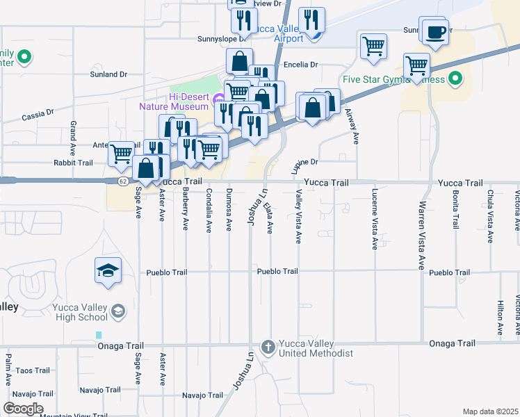 map of restaurants, bars, coffee shops, grocery stores, and more near 7384 Elata Avenue in Yucca Valley