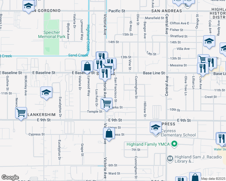 map of restaurants, bars, coffee shops, grocery stores, and more near 7424 San Francisco Street in Highland
