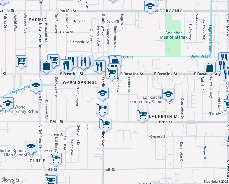 map of restaurants, bars, coffee shops, grocery stores, and more near 25818 11 Th Street in San Bernardino