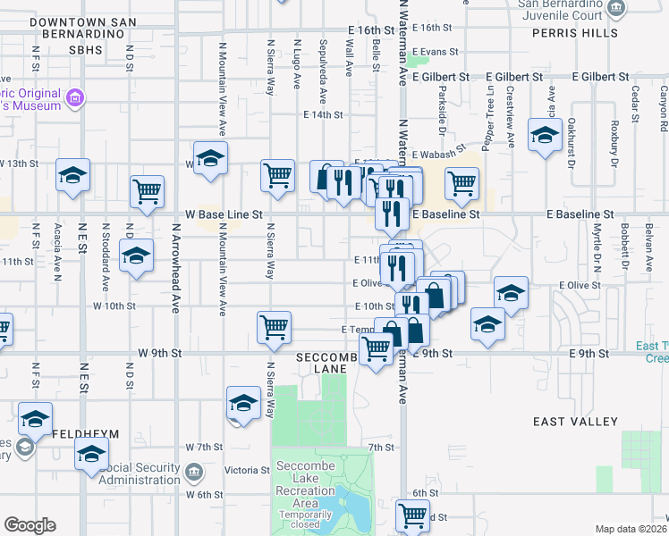 map of restaurants, bars, coffee shops, grocery stores, and more near 216 East Olive Street in San Bernardino