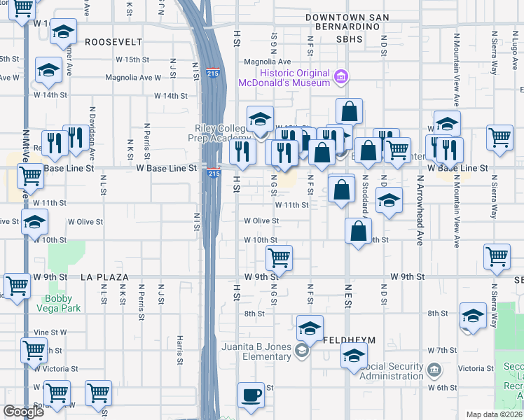 map of restaurants, bars, coffee shops, grocery stores, and more near 764 West Olive Street in San Bernardino