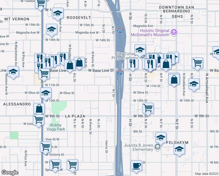 map of restaurants, bars, coffee shops, grocery stores, and more near 952 West Olive Street in San Bernardino