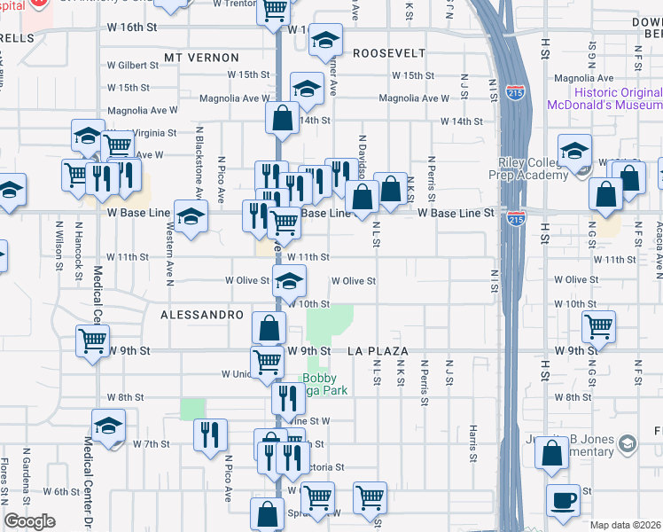 map of restaurants, bars, coffee shops, grocery stores, and more near 1239 West 11th Street in San Bernardino