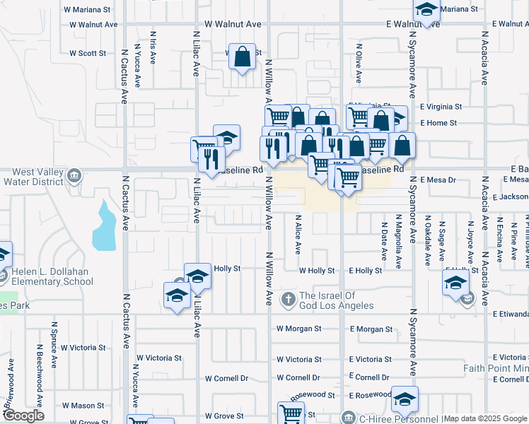 map of restaurants, bars, coffee shops, grocery stores, and more near 1060 North Willow Avenue in Rialto