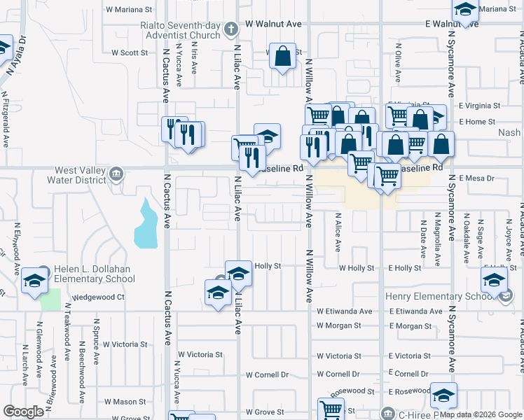 map of restaurants, bars, coffee shops, grocery stores, and more near 1073 North Verde Avenue in Rialto