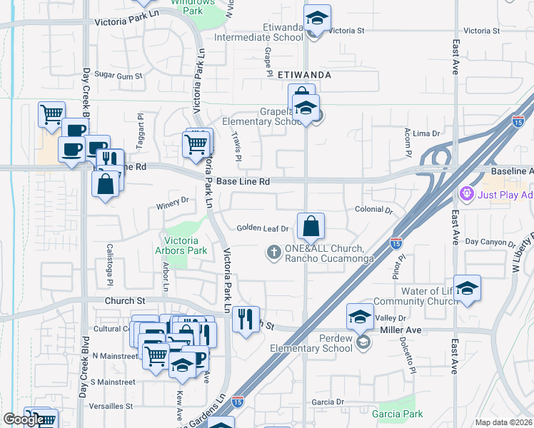 map of restaurants, bars, coffee shops, grocery stores, and more near 12773 Mosaic Drive in Rancho Cucamonga