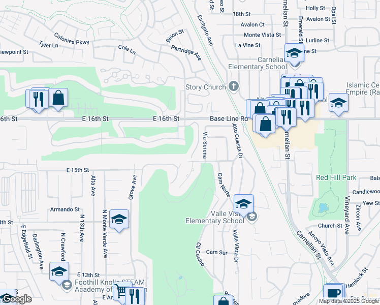 map of restaurants, bars, coffee shops, grocery stores, and more near 1526 Spyglass Drive in Upland
