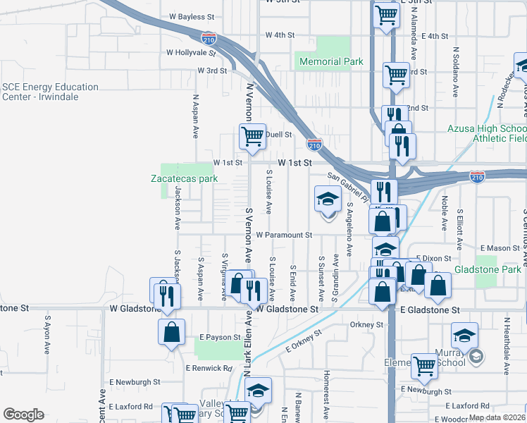 map of restaurants, bars, coffee shops, grocery stores, and more near 224 South Louise Avenue in Azusa