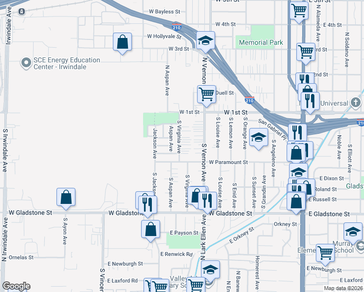 map of restaurants, bars, coffee shops, grocery stores, and more near 228 South Virginia Avenue in Azusa