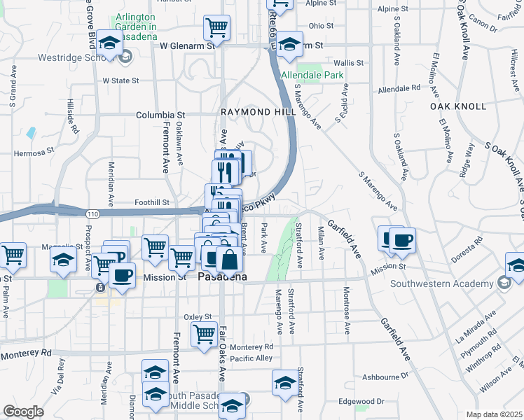 map of restaurants, bars, coffee shops, grocery stores, and more near 1730 Grevelia Street in South Pasadena