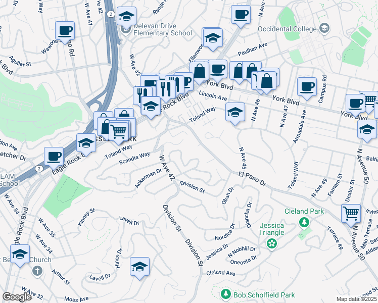 map of restaurants, bars, coffee shops, grocery stores, and more near 3594 Verdugo Vista Terrace in Los Angeles