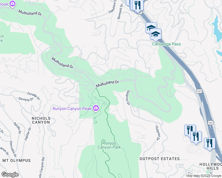 map of restaurants, bars, coffee shops, grocery stores, and more near 7300 Mulholland Drive in Los Angeles