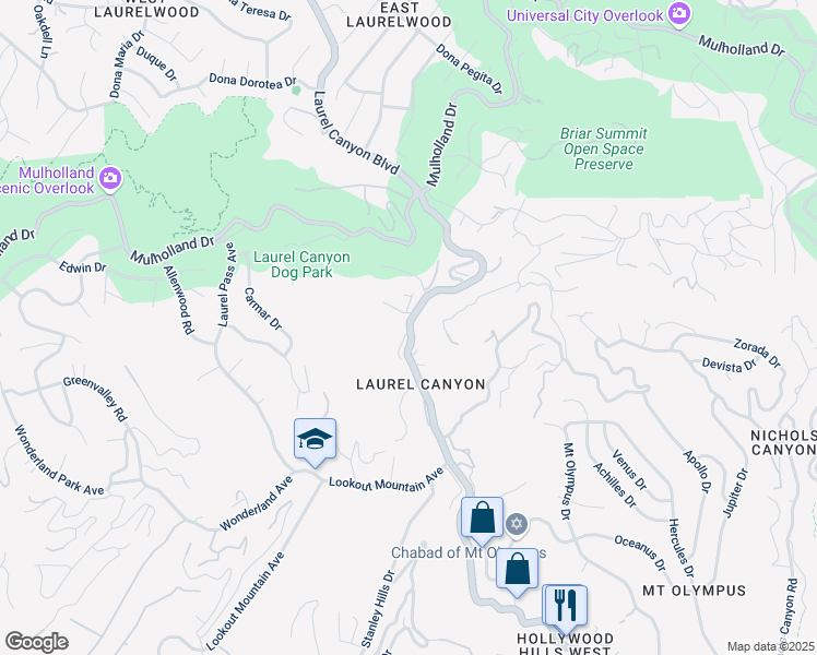 map of restaurants, bars, coffee shops, grocery stores, and more near 2634 Laurel Canyon Boulevard in Los Angeles