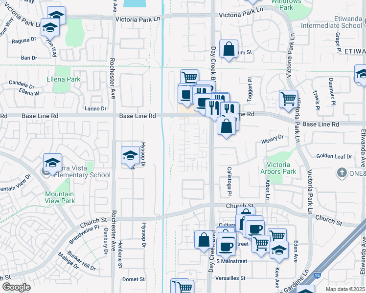 map of restaurants, bars, coffee shops, grocery stores, and more near 7426 Solstice Place in Rancho Cucamonga