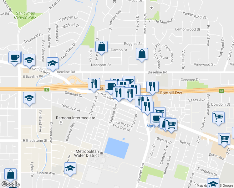 map of restaurants, bars, coffee shops, grocery stores, and more near 1201 Foothill Boulevard in La Verne