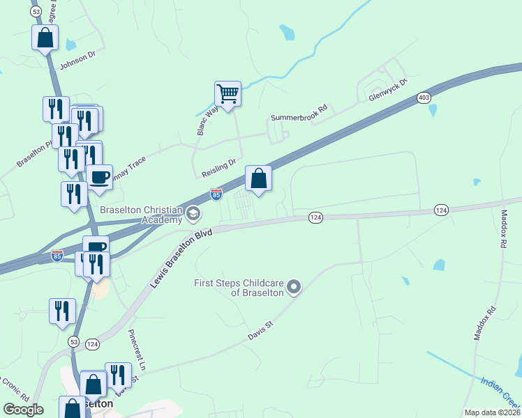 map of restaurants, bars, coffee shops, grocery stores, and more near 11852 Lewis Braselton Boulevard in Braselton