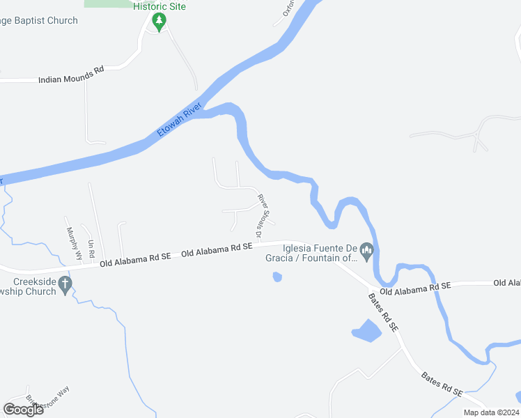 map of restaurants, bars, coffee shops, grocery stores, and more near 14 River Shoals Drive in Cartersville