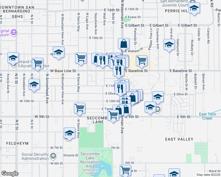 map of restaurants, bars, coffee shops, grocery stores, and more near 252 East Olive Street in San Bernardino