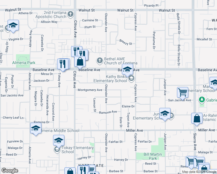 map of restaurants, bars, coffee shops, grocery stores, and more near 7425 Oleander Avenue in Fontana