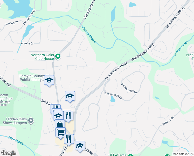 map of restaurants, bars, coffee shops, grocery stores, and more near 3605 Horizon Court in Cumming
