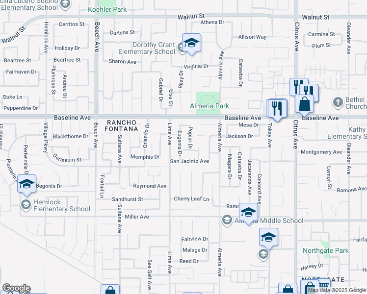 map of restaurants, bars, coffee shops, grocery stores, and more near 15640 Montgomery Drive in Fontana
