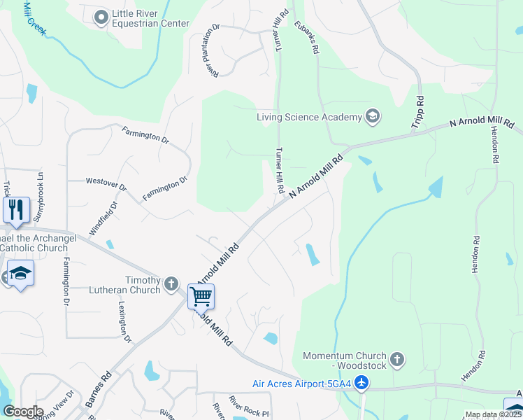 map of restaurants, bars, coffee shops, grocery stores, and more near 4035 North Arnold Mill Road in Woodstock