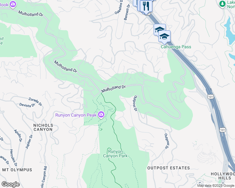 map of restaurants, bars, coffee shops, grocery stores, and more near 7300 Mulholland Drive in Los Angeles