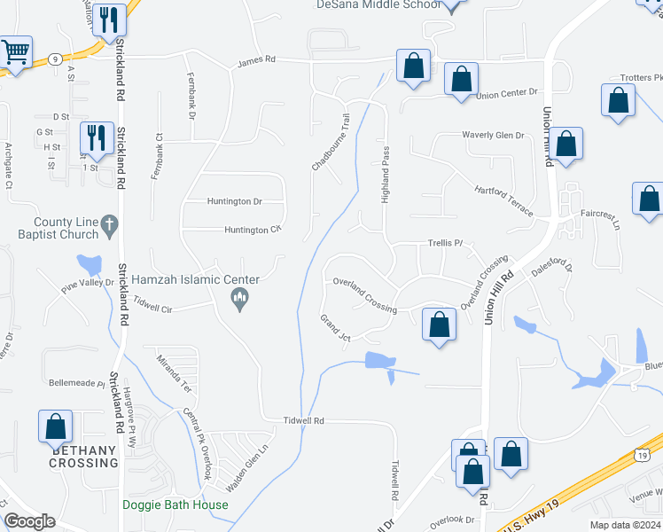 map of restaurants, bars, coffee shops, grocery stores, and more near 2240 Grand Junction in Alpharetta