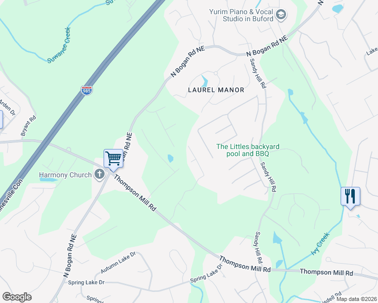 map of restaurants, bars, coffee shops, grocery stores, and more near 3360 Ivey Ridge Road Northeast in Buford