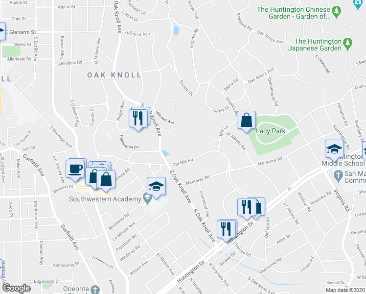 map of restaurants, bars, coffee shops, grocery stores, and more near 1555 Hillcrest Avenue in Pasadena