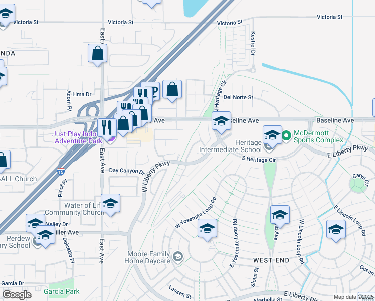 map of restaurants, bars, coffee shops, grocery stores, and more near 7422 Longstreet Lane in Fontana