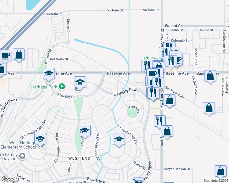 map of restaurants, bars, coffee shops, grocery stores, and more near 14183 Mendocino Court in Fontana