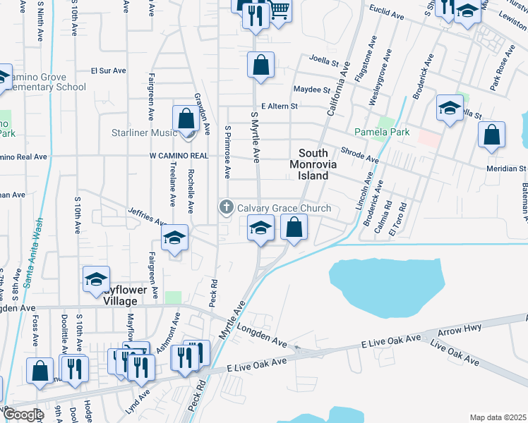 map of restaurants, bars, coffee shops, grocery stores, and more near 203 Benrud Street in Monrovia