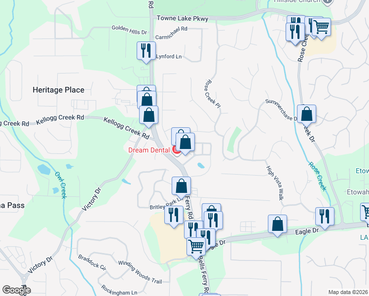map of restaurants, bars, coffee shops, grocery stores, and more near 308 Mirramont Court in Woodstock