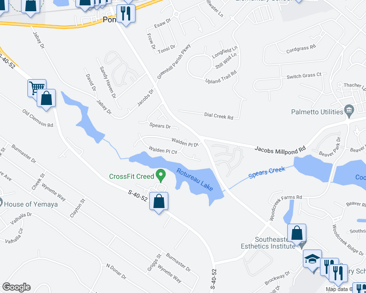 map of restaurants, bars, coffee shops, grocery stores, and more near 201 Walden Place Circle in Elgin
