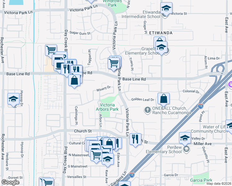 map of restaurants, bars, coffee shops, grocery stores, and more near 7393 Reserve Place in Rancho Cucamonga