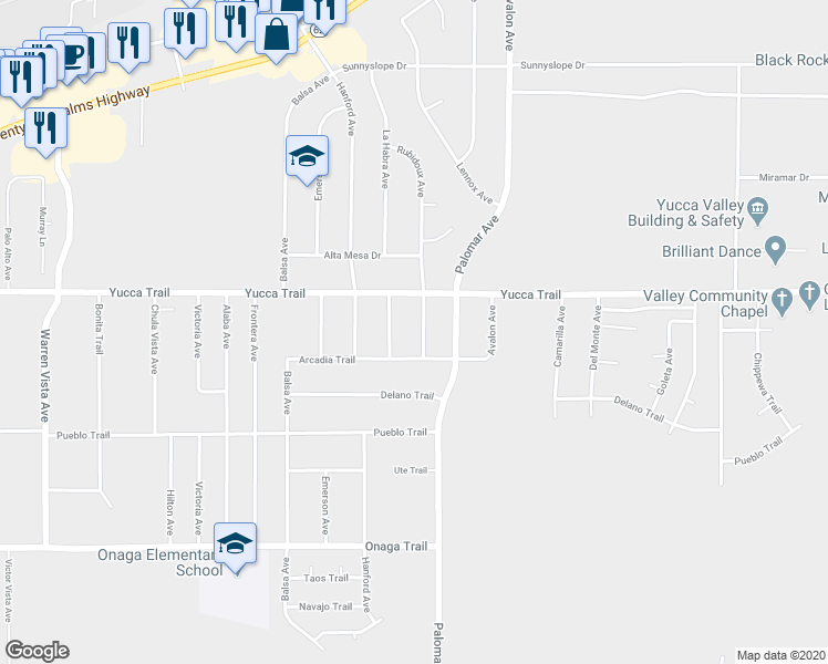 map of restaurants, bars, coffee shops, grocery stores, and more near 7356 Rubidoux Avenue in Yucca Valley