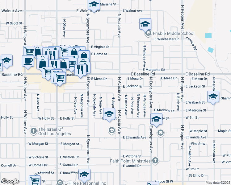 map of restaurants, bars, coffee shops, grocery stores, and more near 1039 North Joyce Avenue in Rialto