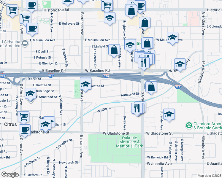map of restaurants, bars, coffee shops, grocery stores, and more near 755 West Citrus Edge Street in Glendora