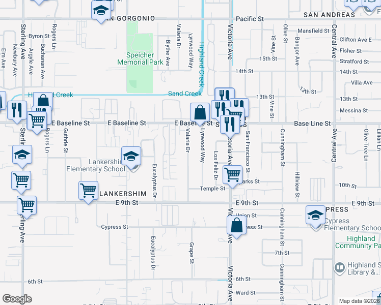 map of restaurants, bars, coffee shops, grocery stores, and more near 7411 Valaria Drive in Highland
