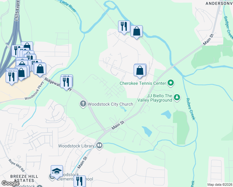 map of restaurants, bars, coffee shops, grocery stores, and more near 211 Bell Plc in Woodstock