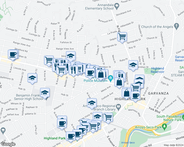 map of restaurants, bars, coffee shops, grocery stores, and more near 5830 Fayette Street in Los Angeles