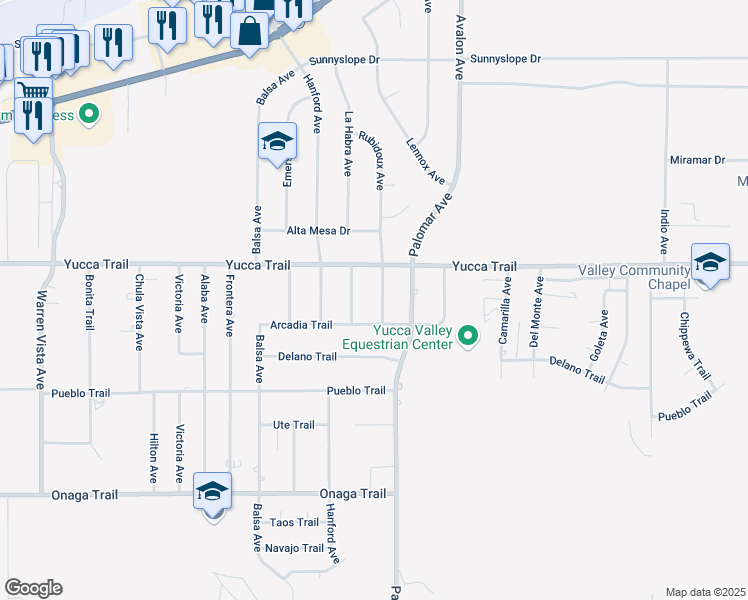 map of restaurants, bars, coffee shops, grocery stores, and more near 7356 Rubidoux Avenue in Yucca Valley