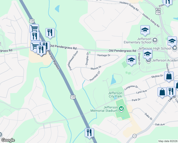 map of restaurants, bars, coffee shops, grocery stores, and more near 278 Thornhill Circle in Jefferson