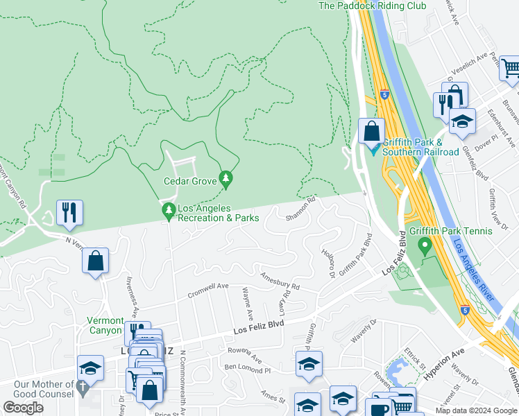 map of restaurants, bars, coffee shops, grocery stores, and more near 3954 Farmouth Drive in Los Angeles