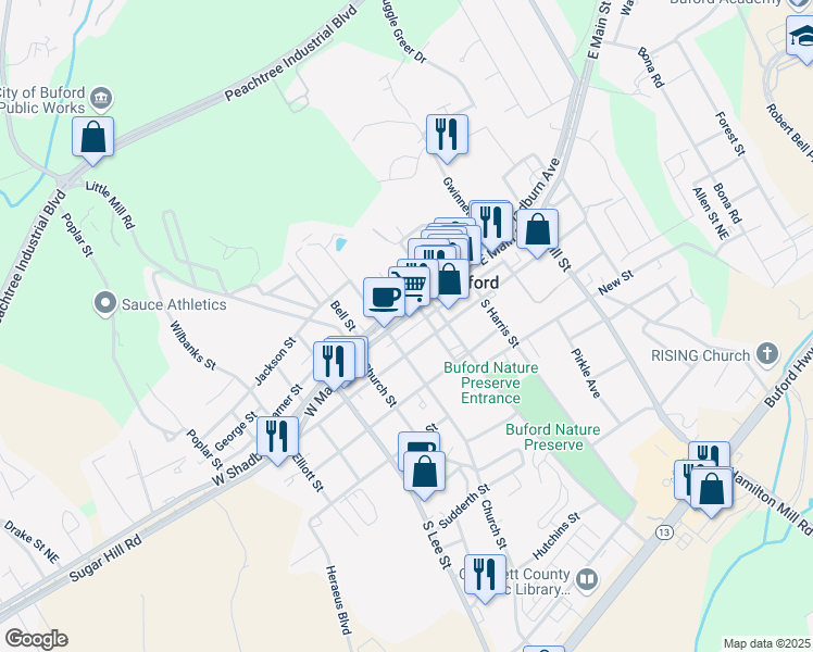map of restaurants, bars, coffee shops, grocery stores, and more near 100 West Main Street in Buford