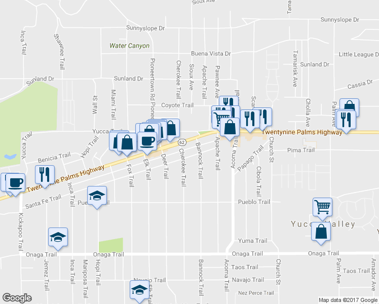 map of restaurants, bars, coffee shops, grocery stores, and more near 55944 Santa Fe Trail in Yucca Valley