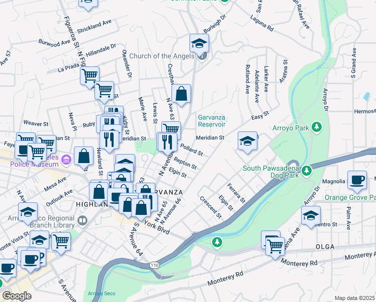 map of restaurants, bars, coffee shops, grocery stores, and more near 625 North Avenue 65 in Los Angeles