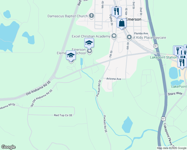 map of restaurants, bars, coffee shops, grocery stores, and more near 161 Old Alabama Road Southeast in Emerson