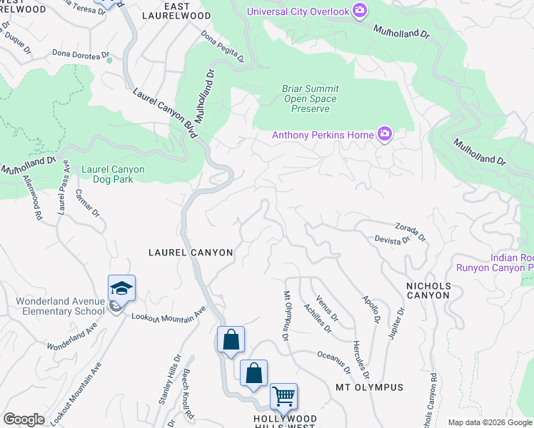 map of restaurants, bars, coffee shops, grocery stores, and more near 7943 Willow Glen Road in Los Angeles